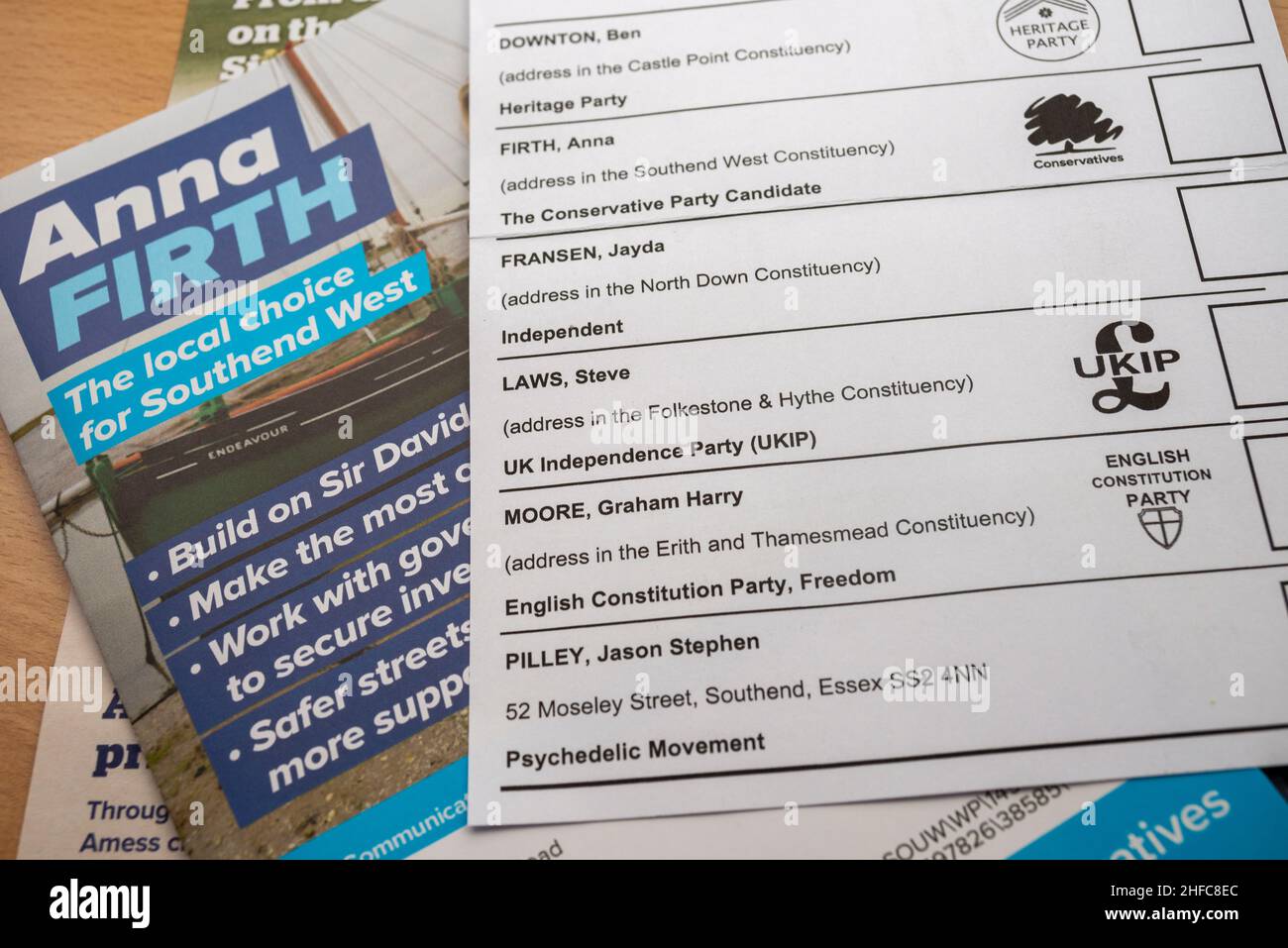 Southend on Sea, Essex, UK. 15th Jan, 2022. The date for the by-election for the Southend West constituency to replace murdered MP Sir David Amess has been set for the 3rd February, with postal ballot papers arriving for voters in the constituency. Although the main parties stood aside to allow the Conservative candidate Anna Firth to take the seat unopposed a number of other candidates are standing, including Steve Laws of UKIP, Independent Jayda Fransen, Graham Moore of English Constitution Party and Jason Pilley of Psychedelic Movement Stock Photo