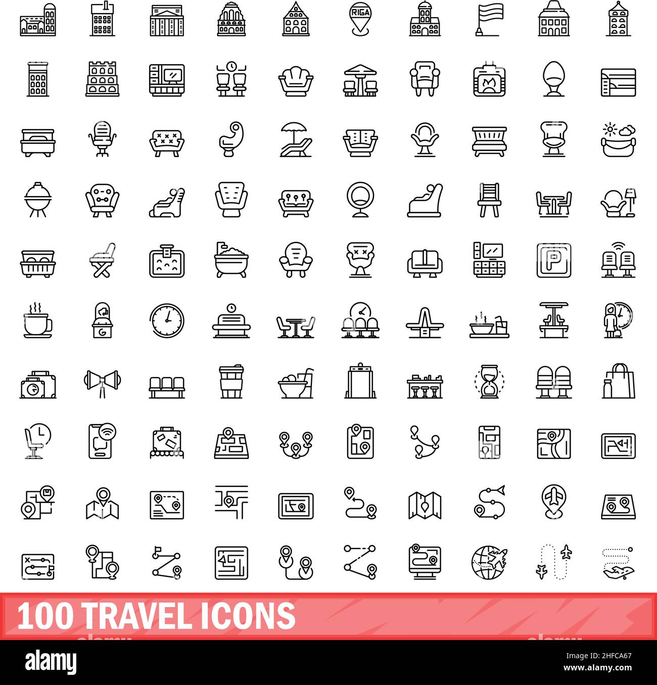 100 travel icons set. Outline illustration of 100 travel icons vector set isolated on white background Stock Vector