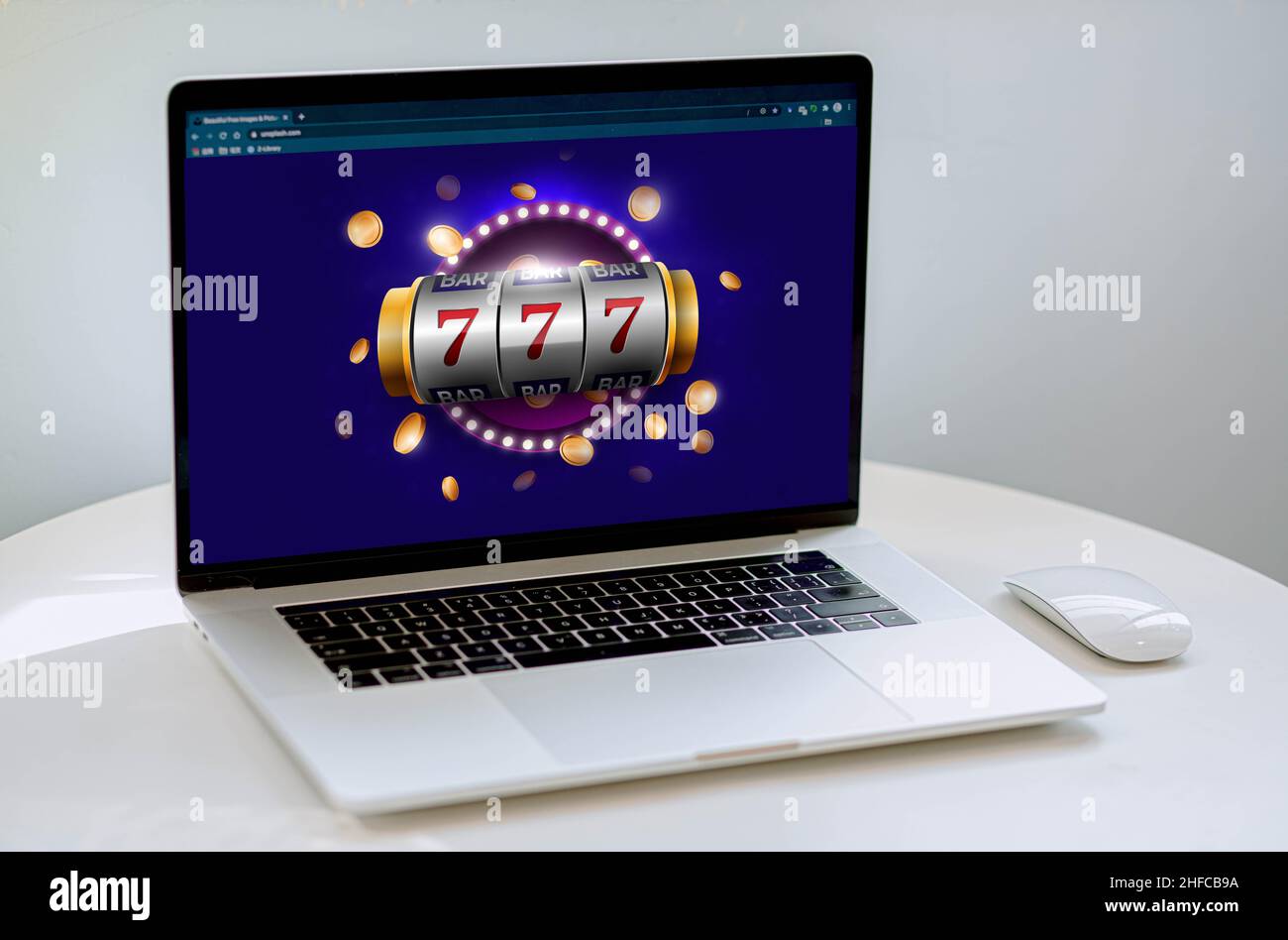 Slot machine online. Virtual casino, gambling from home, on computer. Play to win. Stock Photo