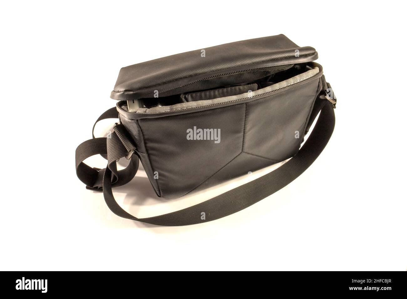 Black bag with belt isolated on white Stock Photo