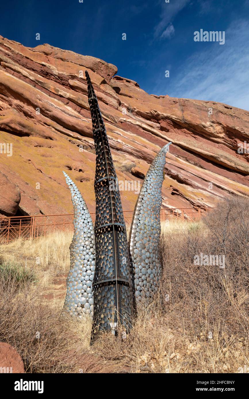Morrison, Colorado - Public art at an entrance to Red Rocks Ampitheatre, a popular concert venue in the foothills just west of Denver. The sculpture i Stock Photo