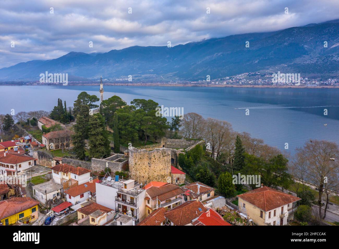 Aerial view of Ioannina city in Greece, Aslan Pasha Tzami, the lake with the island of Kyra Frosini or nissaki. Stock Photo