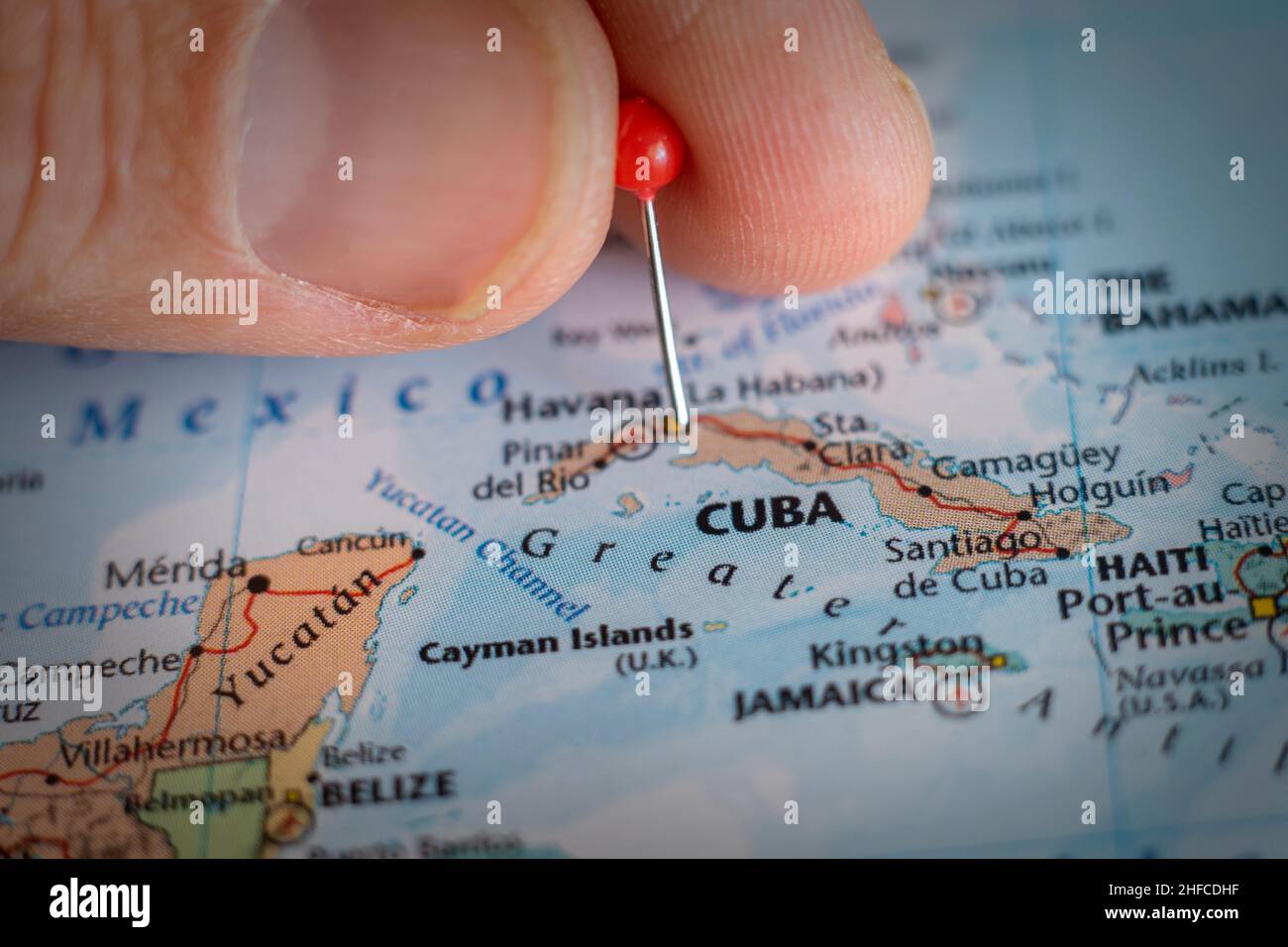 Cuba pin on a world map. Cuba travel destination planning pinned Stock Photo