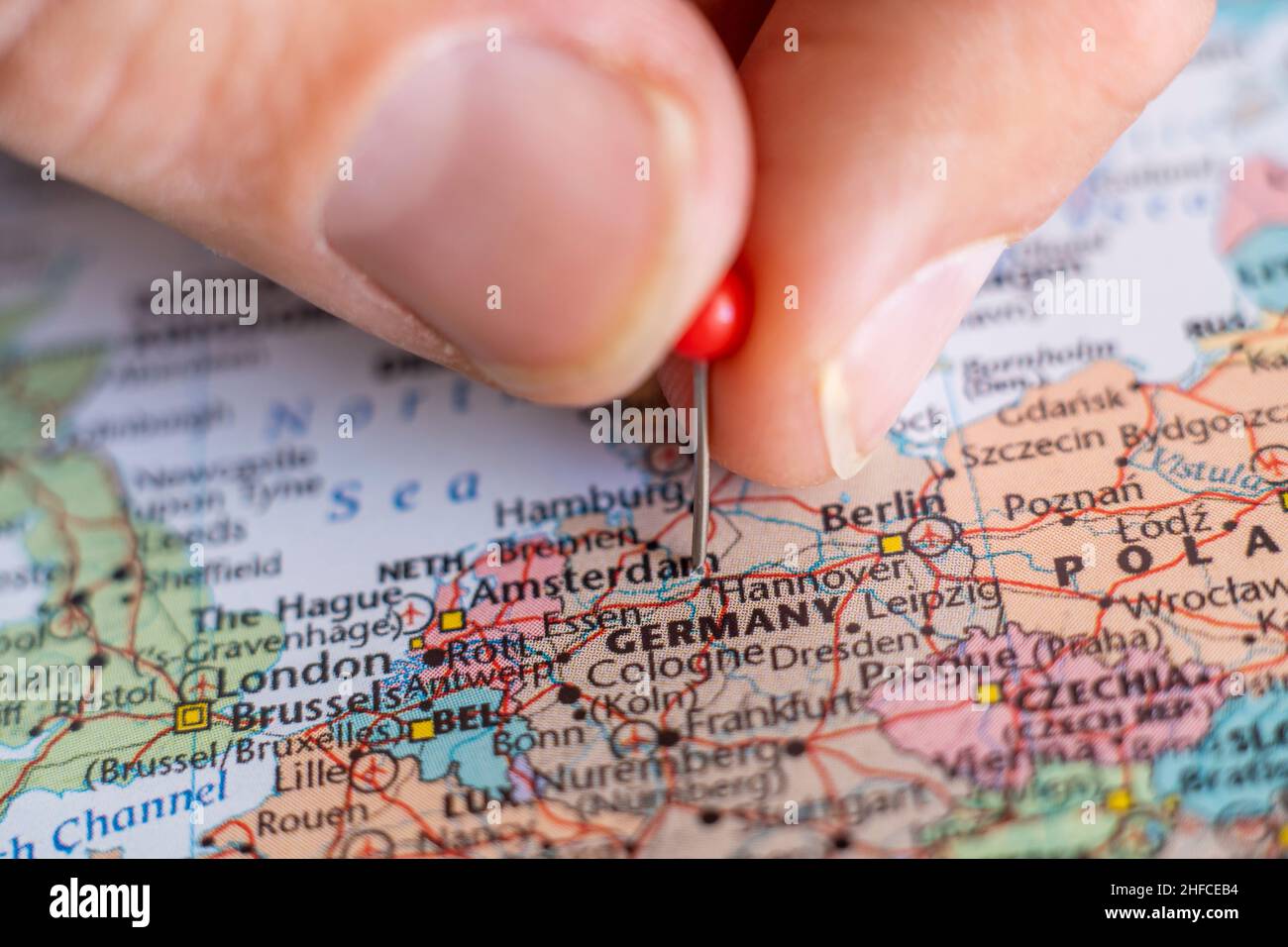 Germany pin on a world map. Germany travel destination planning pinned Stock Photo