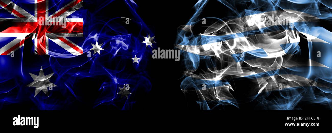 Flags of Australia, Australian vs Japan, Japanese, Hyogo Prefecture. Smoke flag placed side by side on black background. Stock Photo