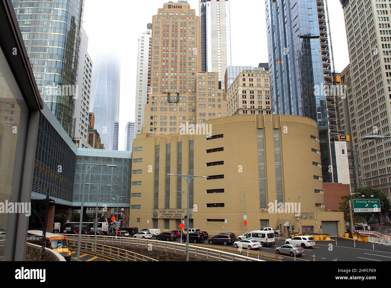 Battery Garage and skyscrapers around Rector Street in downtown, view