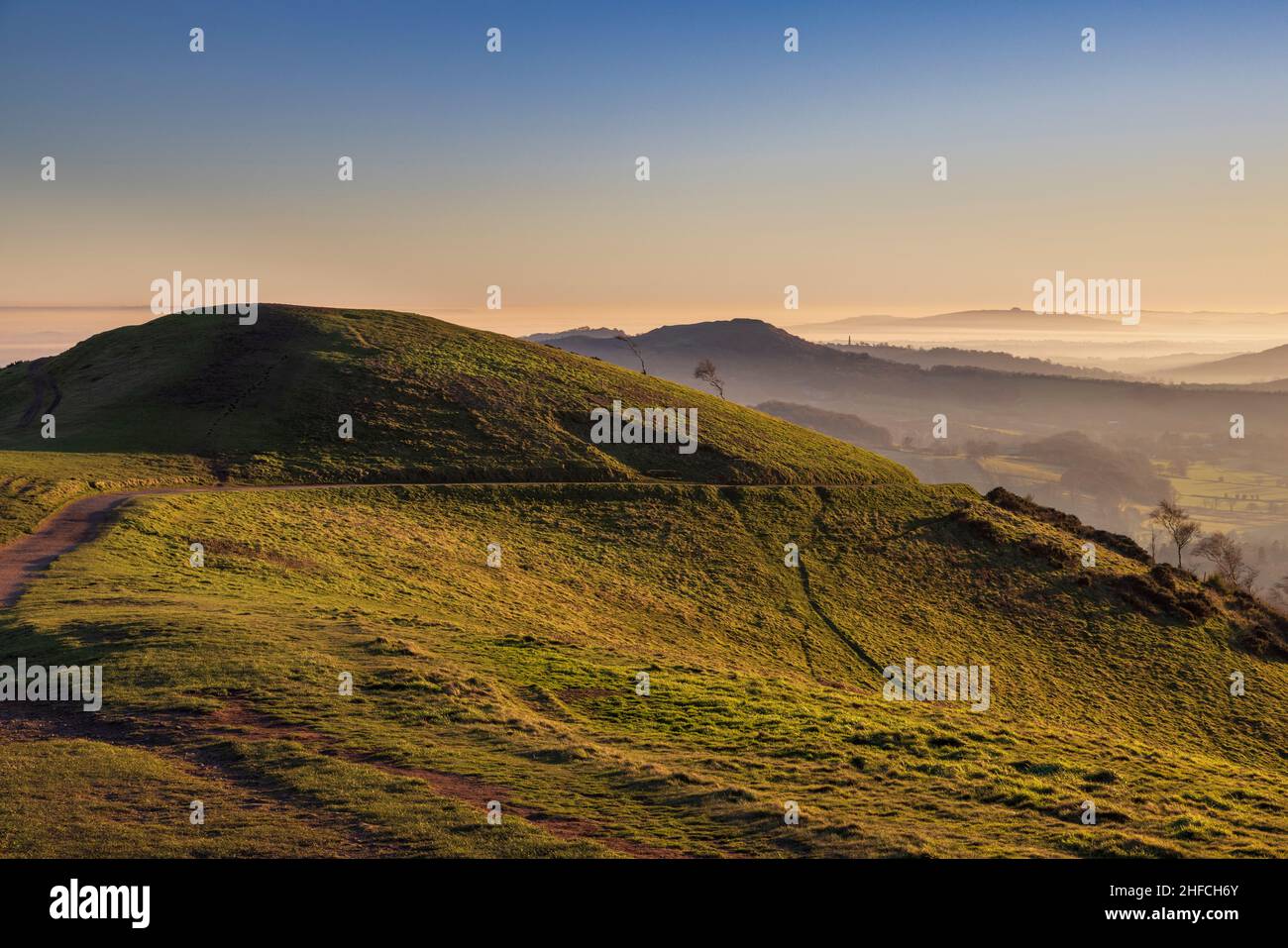 Summer Hill in the Malverns at sunset on a winter’s afternoon, Worcestershire, England Stock Photo