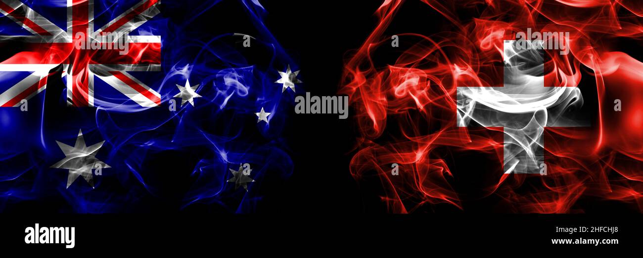 Flags of Australia, Australian vs Switzerland, Swiss. Smoke flag placed