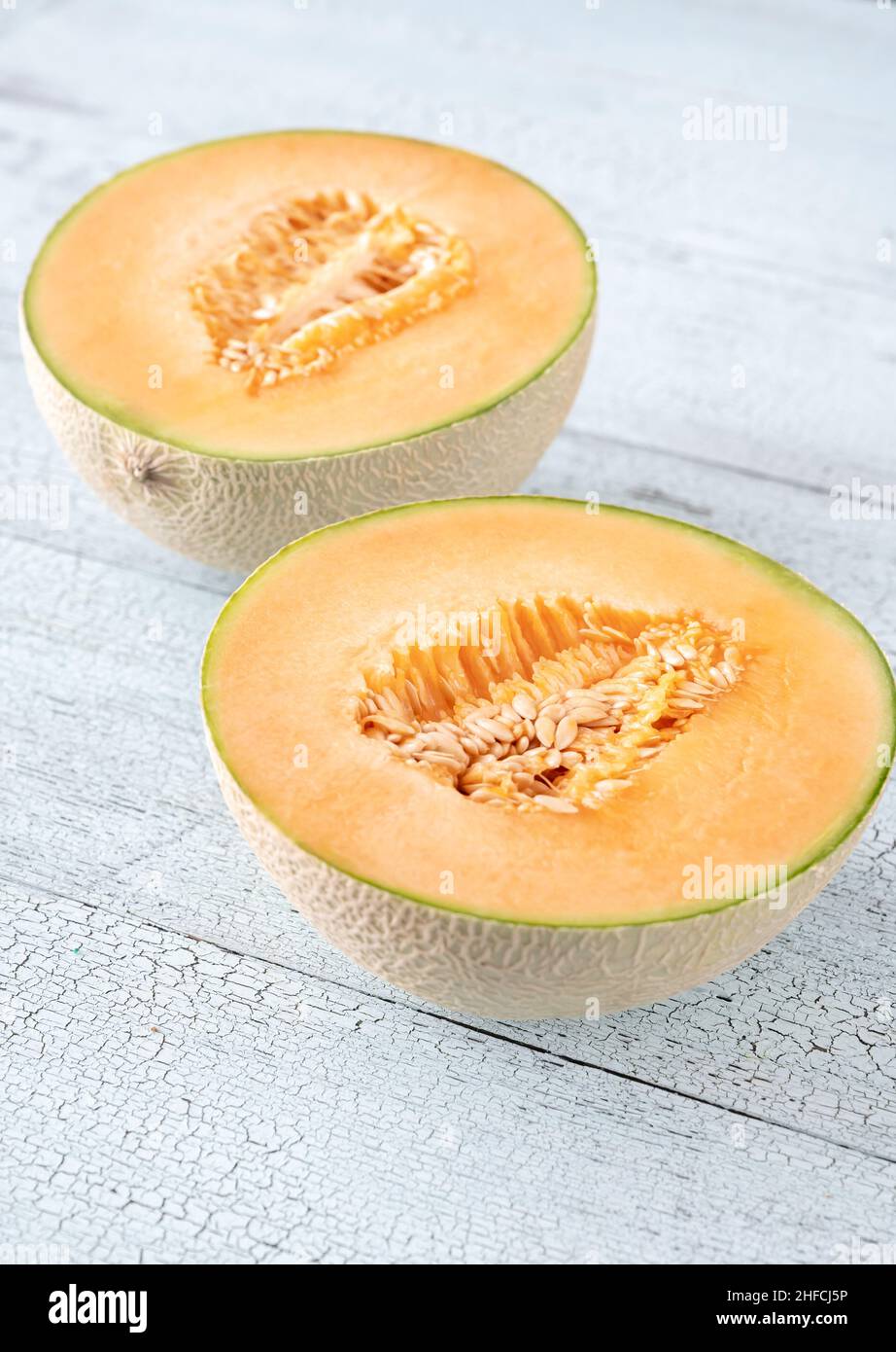 Cross section of Cantaloupe melon flat lay Stock Photo Alamy