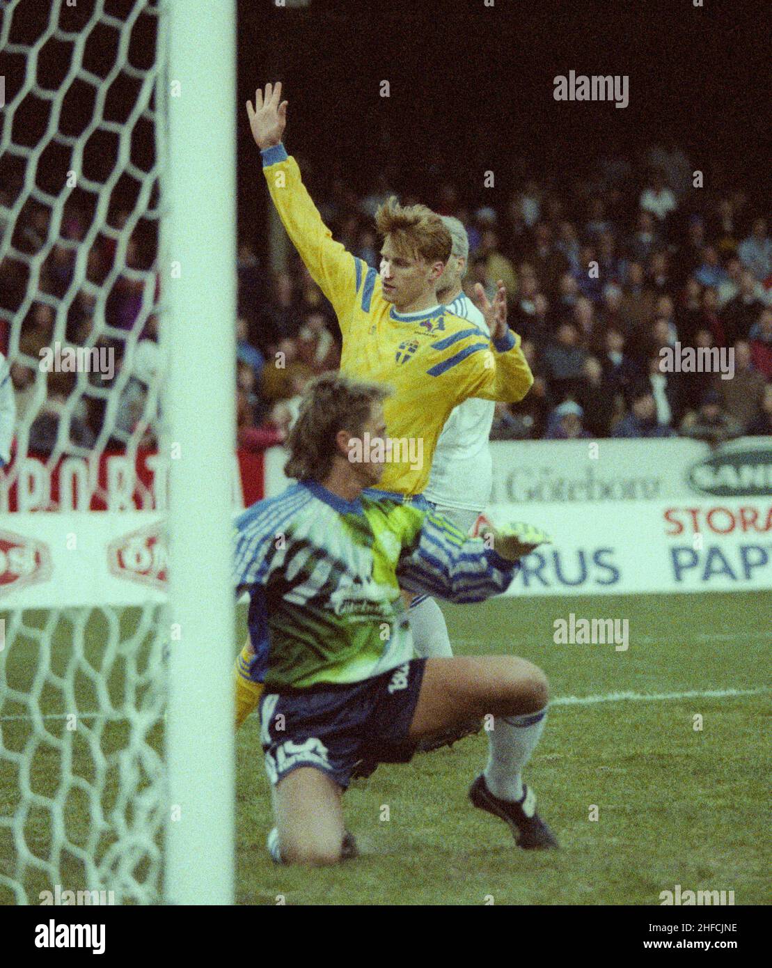 KENNET ANDERSSON football player in Swedish National team and professional in Belgium Mechelem during European Championship in Sweden 1992.Scores on Sören Bjärelöv  in a friendly game against the Gothenburg town team before the championship Stock Photo