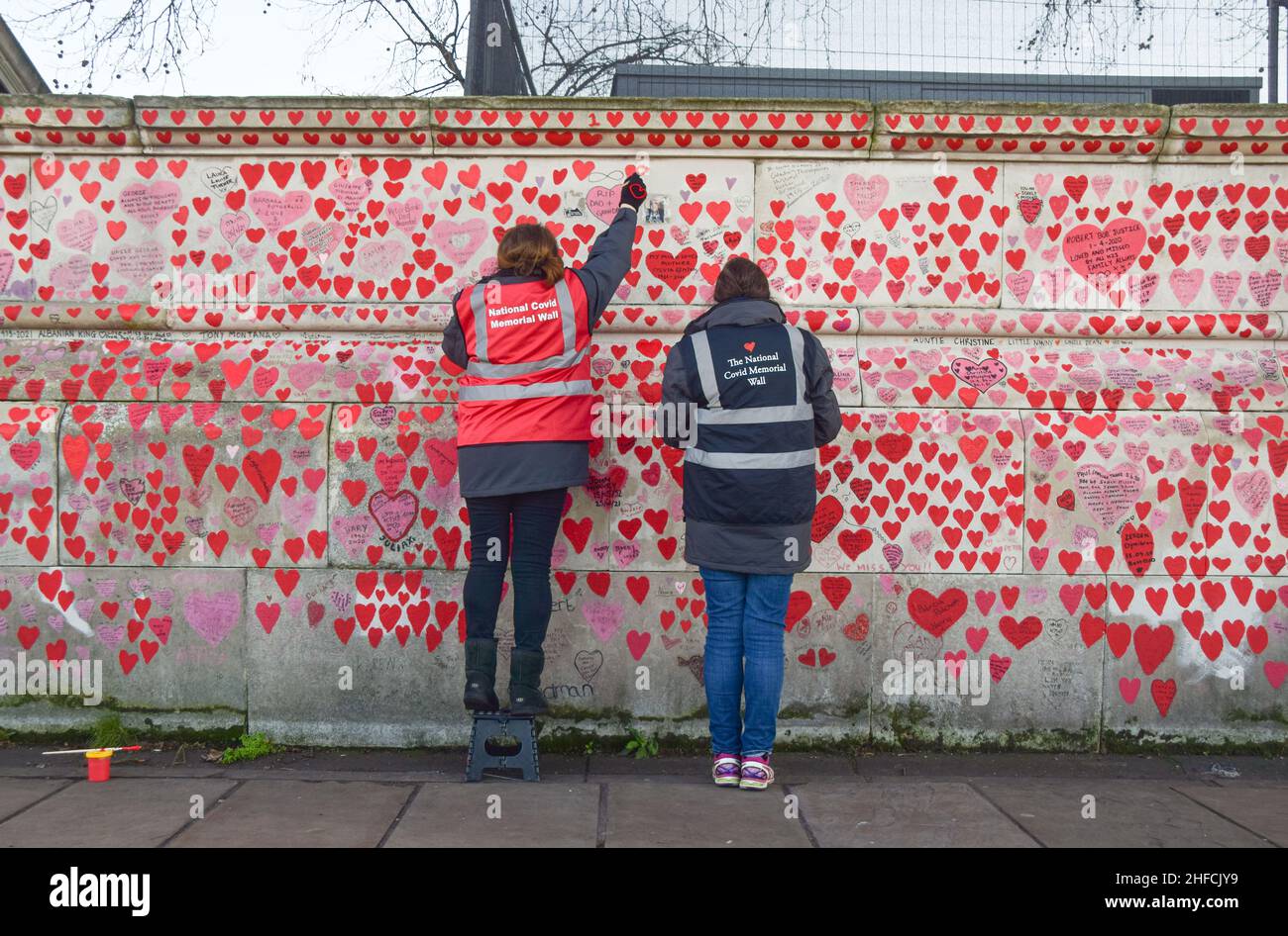 London, UK. 14th Jan, 2022. Volunteers paint red hearts on the National Covid Memorial Wall. Over 150,000 hearts have been painted to date on the wall outside St Thomas' Hospital opposite the Houses of Parliament, one for each life lost to COVID-19. Credit: SOPA Images Limited/Alamy Live News Stock Photo