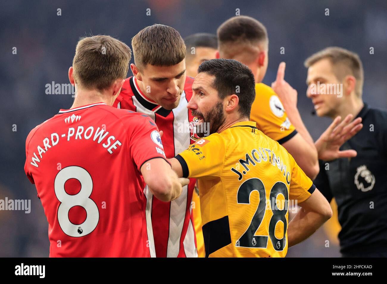 Wolverhampton, UK. 15th Jan, 2022. Joao Moutinho #28 of Wolverhampton Wanderers and James Ward-Prowse #8 of Southampton argue about the penalty decision in Wolverhampton, United Kingdom on 1/15/2022. (Photo by Conor Molloy/News Images/Sipa USA) Credit: Sipa USA/Alamy Live News Stock Photo