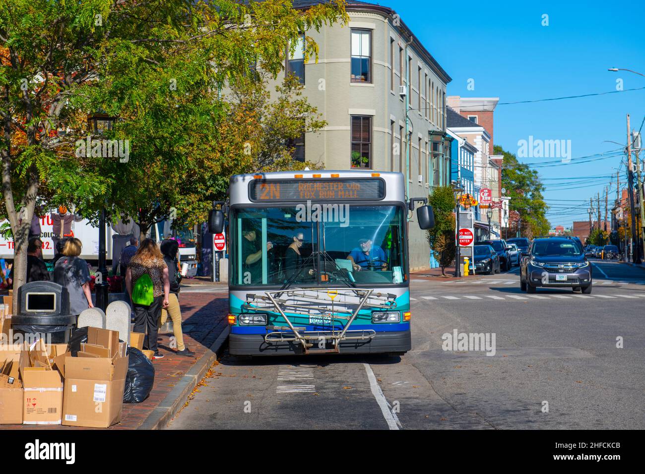 Cooperative Alliance for Seacoast Transportation (COAST) public bus Route 2 at Market Square in historic downtown Portsmouth, New Hampshire NH, USA. Stock Photo