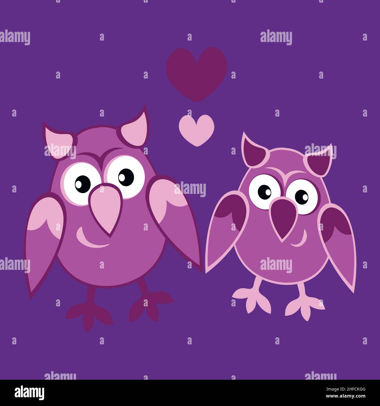 Illustration on a square background - two owls in love with hearts ...