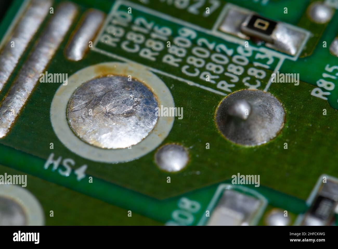 Crystallized metal solder on printed circuit board (PCB Stock Photo Alamy
