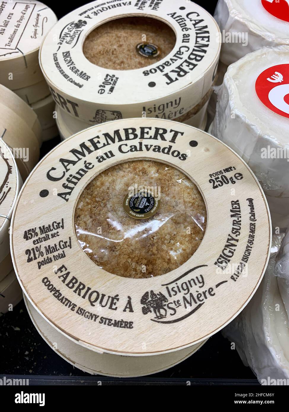 French cheese, displayed on a supermarket shelf, Lyon, France Stock Photo