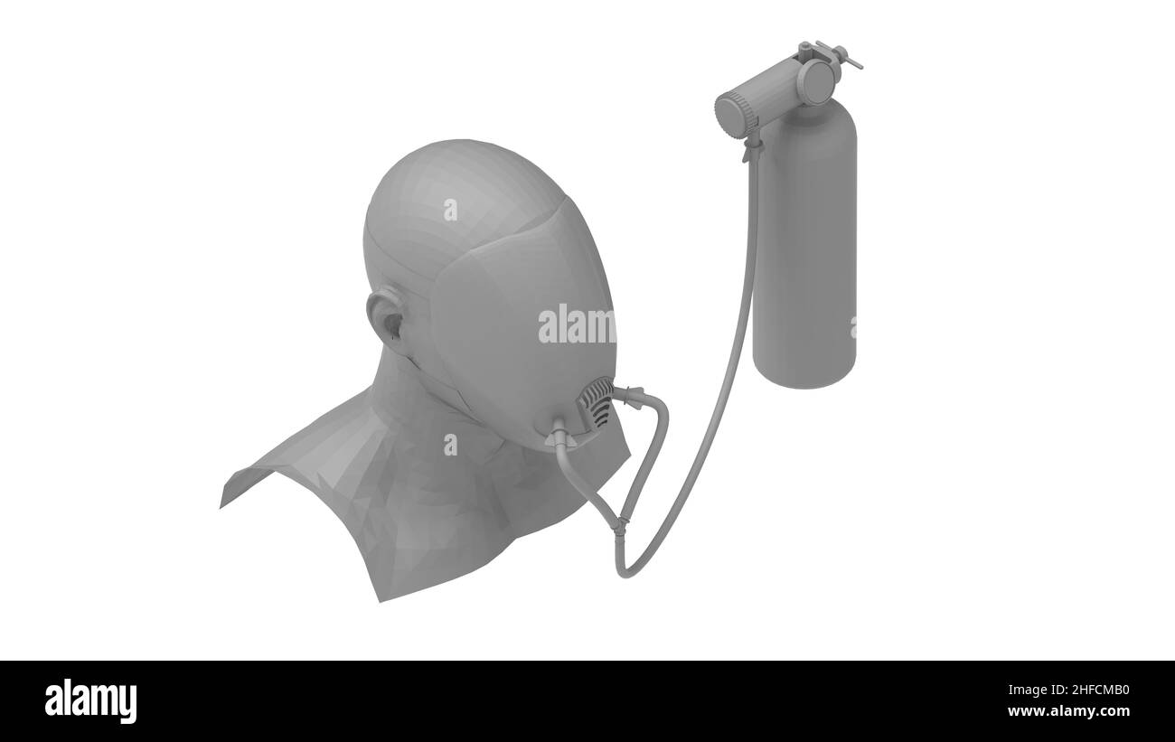 3D rendering of silhouette of a human with an oxygen mask and oxygen tank isolated on an empty studio background Stock Photo