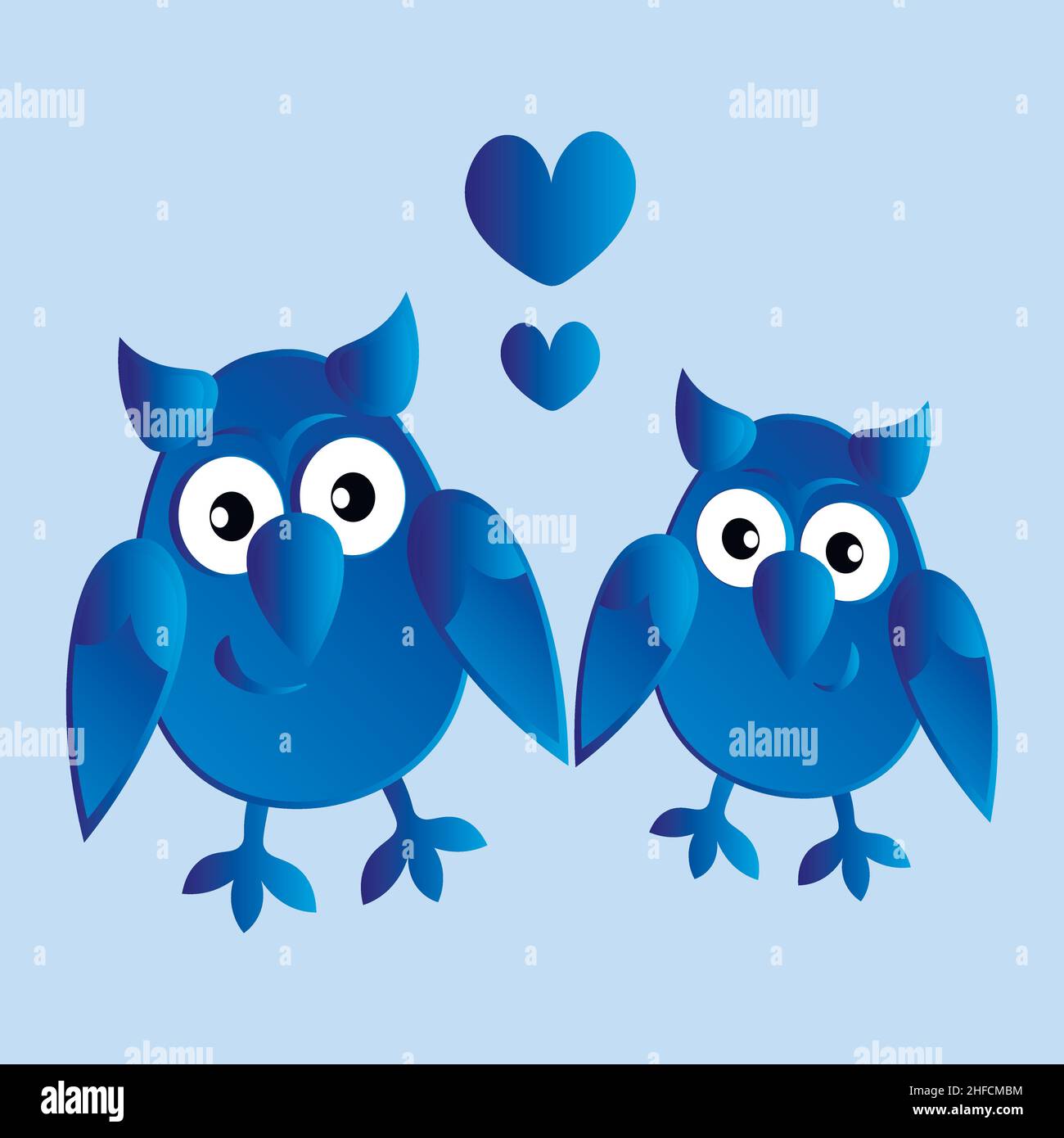 Illustration on a square background - two owls in love with hearts ...