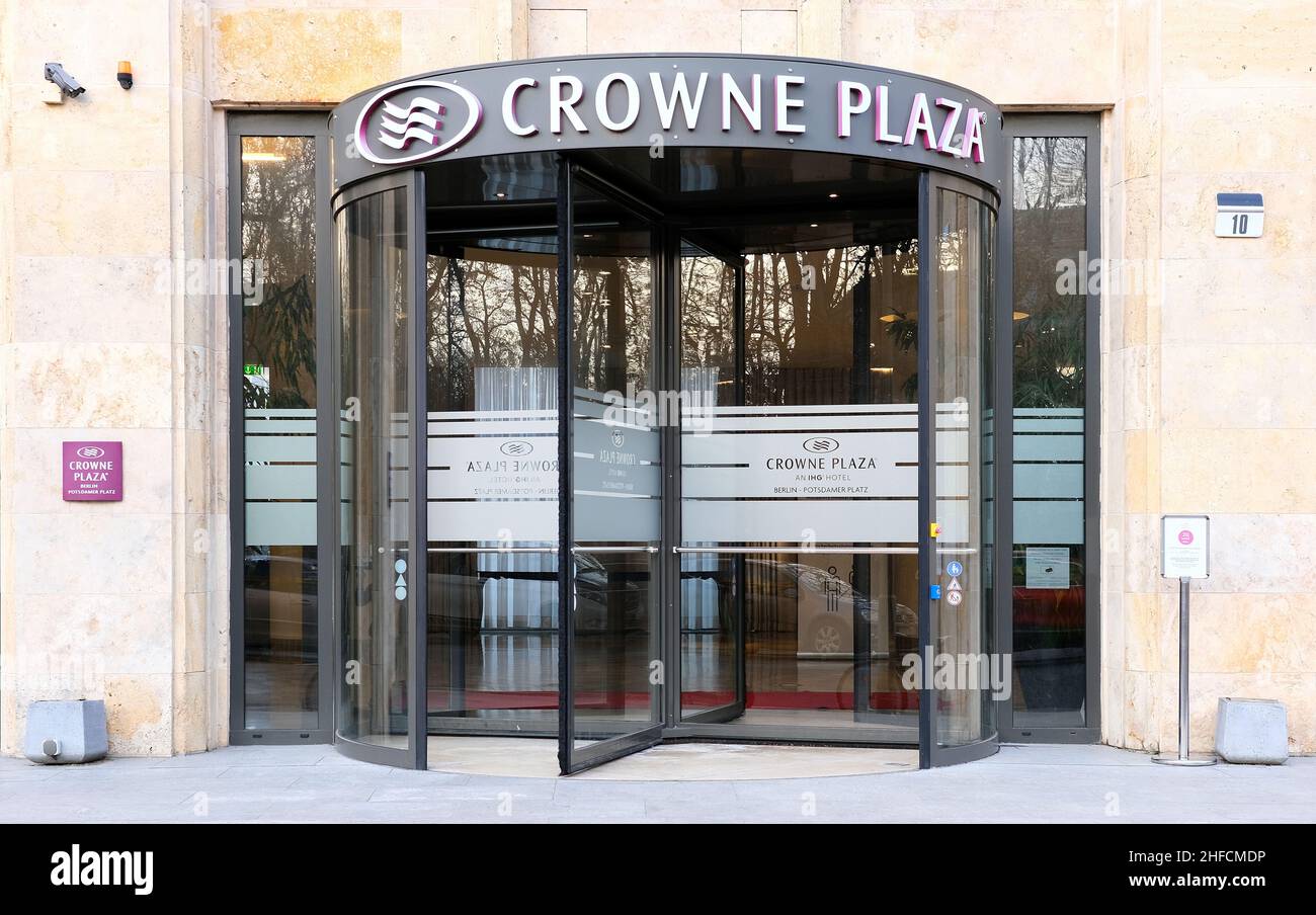 Berlin, Germany December 22, 2021, entrance to Crowne-Plaza Hotel in Kreuzberg. Stock Photo