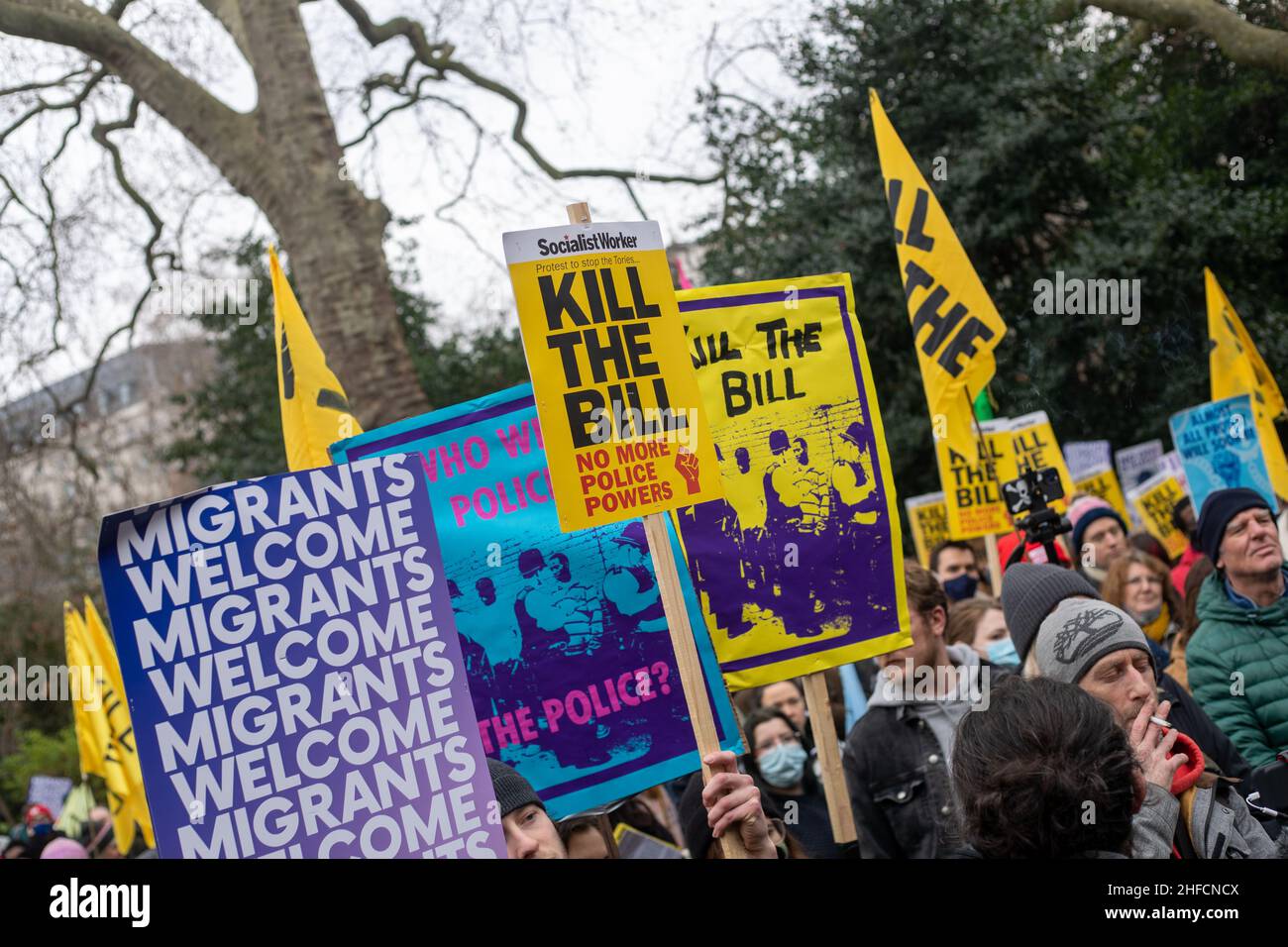 LONDON, UK 15th January 2022. Kill The Bill protest in London this week as the House of Lords will hear the final reading of the police, crime, sentencing and courts bill Stock Photo