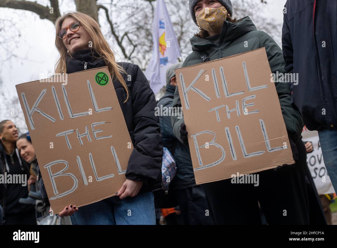 LONDON, UK 15th January 2022. Kill The Bill protest in London this week as the House of Lords will hear the final reading of the police, crime, sentencing and courts bill Stock Photo