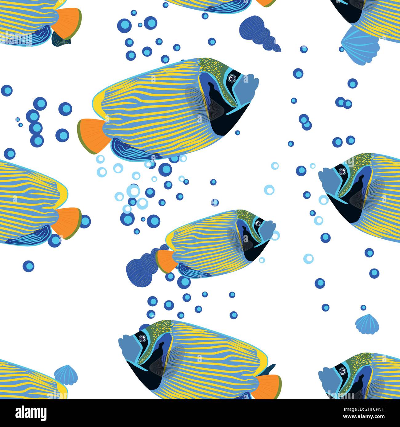 Emperor angelfish, Pomacanthus imperator seamless patterns, sea animal wildlife character. Nature underwater, marine wild ocean zoo fish Stock Vector