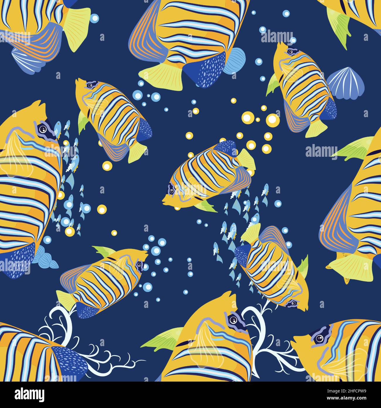 Emperor angelfish, Pomacanthus imperator seamless patterns, sea animal wildlife character. Nature underwater, marine wild ocean zoo fish Stock Vector
