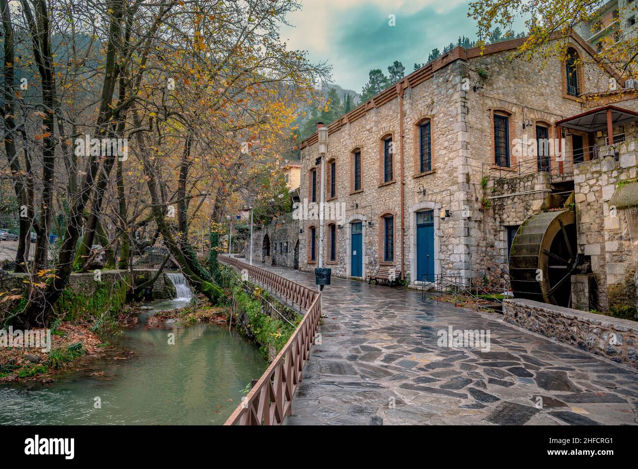 Bridge, waterfalls, river at the old town of Livadeia, in Boeotia region, Central Greece, Greece. Stock Photo