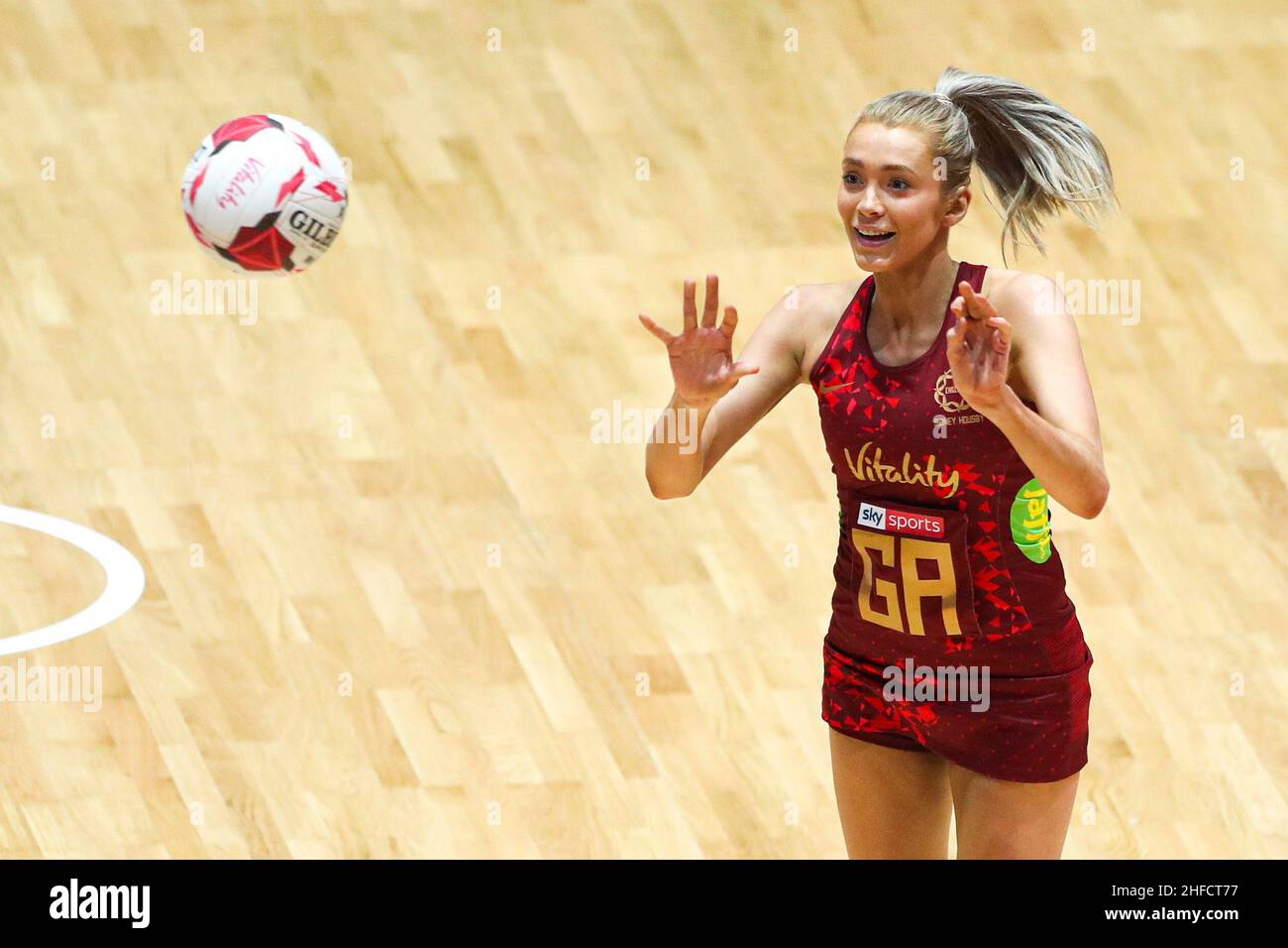 Vitality RosesÕ Helen Housby plays a pass during the Netball Quad Series match at the Copper Box Arena, London. Picture date: Saturday January 15, 2022. Stock Photo