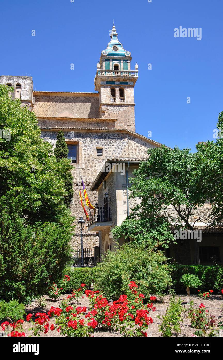 The Carthusian monastery from gardens, Valldemossa Municipality, Mallorca, Balearic Islands, Spain Stock Photo