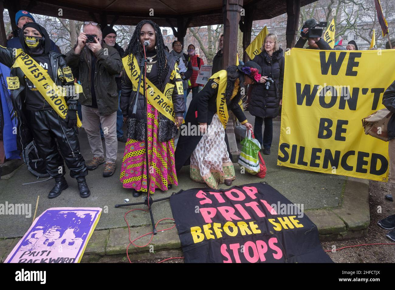 London, UK. 15th Jan 2022. Protesters meet at Lincoln's Inn Fields to rally and march against the Police, Crime, Sentencing and Court Bill which will severely limit the basic right to protest, allow racist policing of ethnic minorities and legitimise the ethnic cleansing of Gypsy, Roma and Traveller communities, and the Nationalities and Borders bill which will make refugees and anyone who aids them criminals, including the RNLI and others providing rescue and humanitarian aid.. Peter Marshall/Alamy Live News Stock Photo