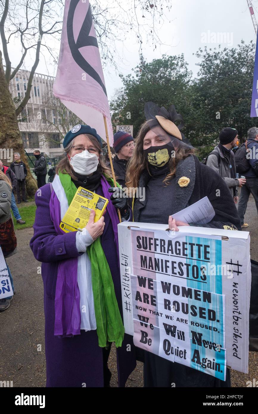 London, UK. 15th Jan 2022. Suffragettes. Protesters meet at Lincoln's Inn Fields to rally and march against the Police, Crime, Sentencing and Court Bill which will severely limit the basic right to protest, allow racist policing of ethnic minorities and legitimise the ethnic cleansing of Gypsy, Roma and Traveller communities, and the Nationalities and Borders bill which will make refugees and anyone who aids them criminals, including the RNLI and others providing rescue and humanitarian aid.. Peter Marshall/Alamy Live News Stock Photo