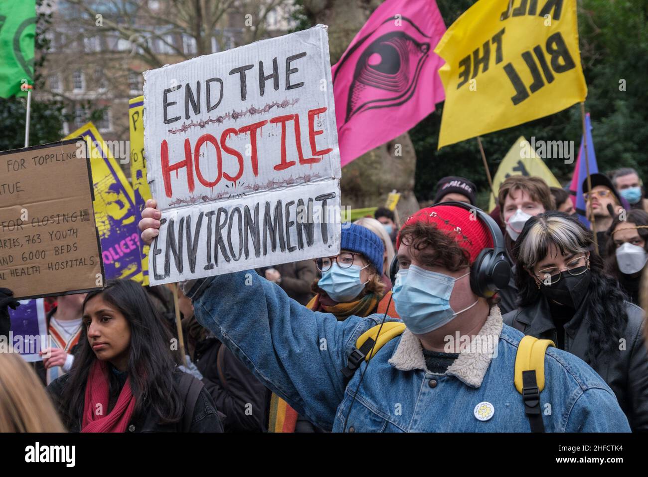 London, UK. 15th Jan 2022. End the Hostile Environment. Protesters meet ...