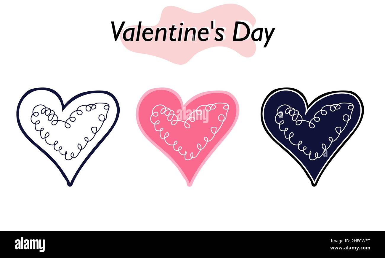 Valentine card in the shape of a pink heart. In color, solid and linear ...