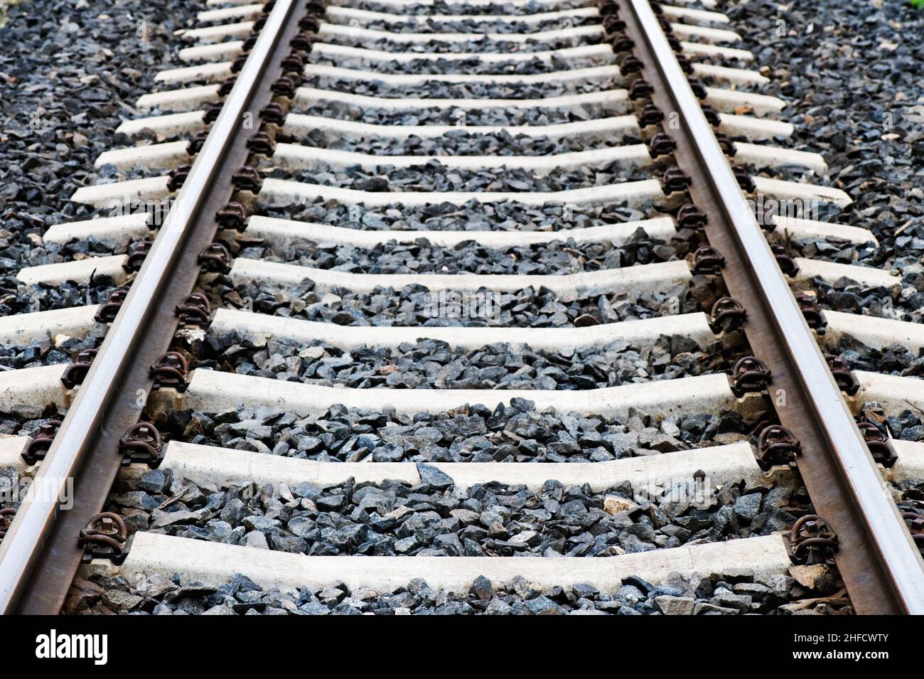 Detail of railroad track. Focus on foreground. Stock Photo