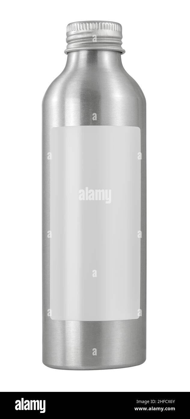 Isolated Aluminum (Aluminium) Bottle With Blank Label For Your Text, On A White Background Stock Photo