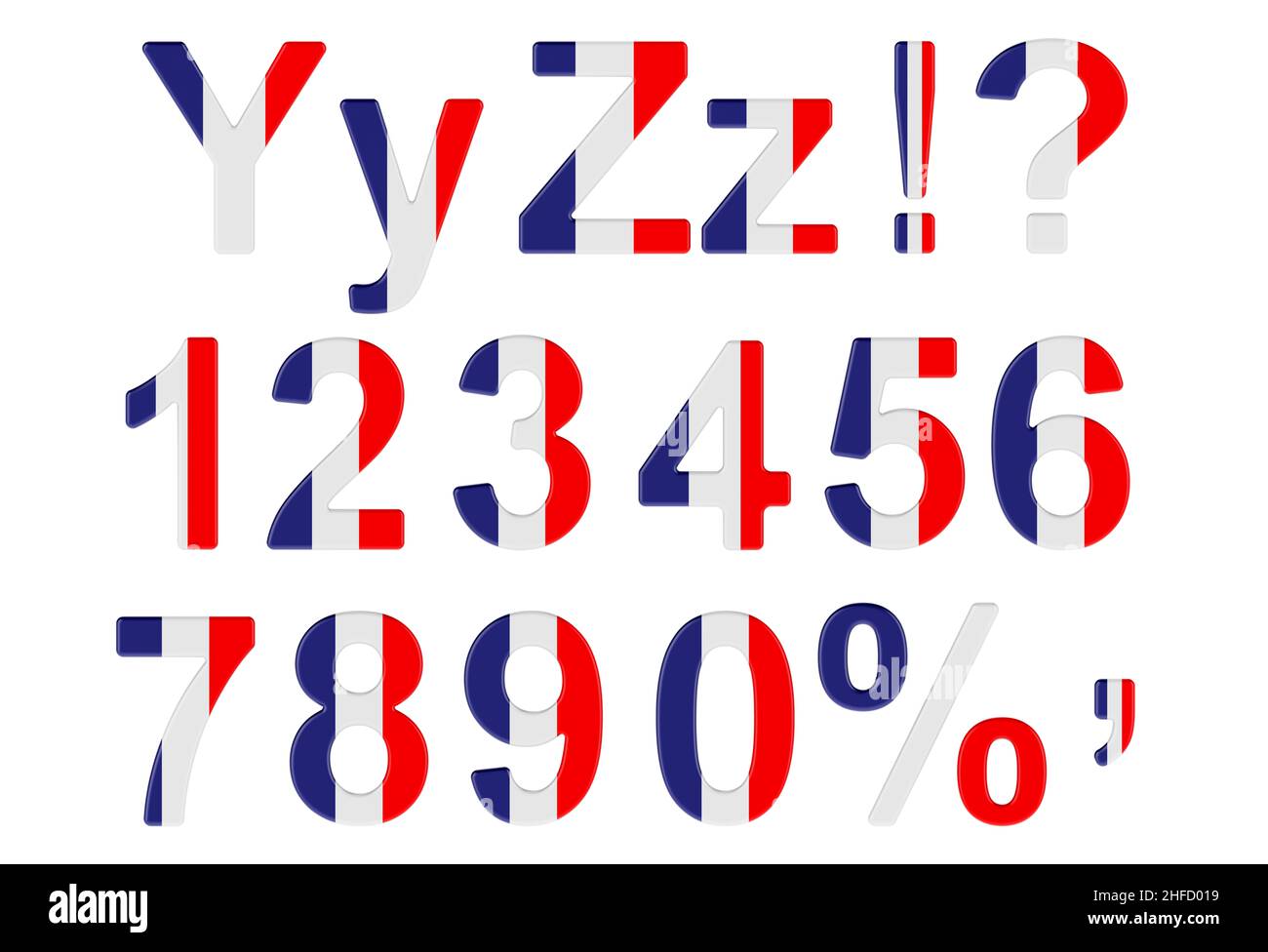 Letters, numbers and punctuation marks with French flag. Y, Z, 1, 2, 3 ...