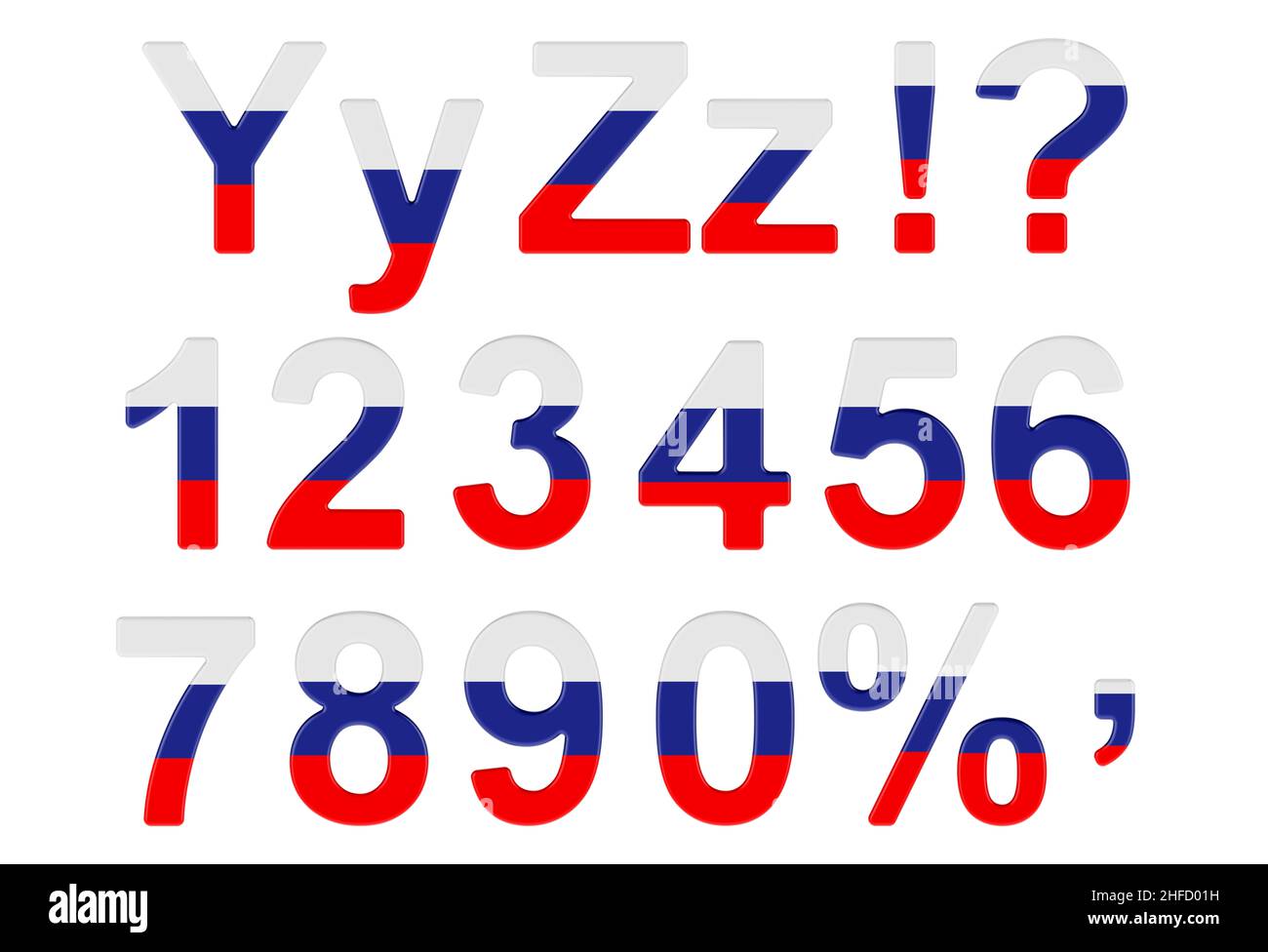 Letters, numbers and punctuation marks with Russian flag. Y, Z, 1, 2, 3, 4, 5, 6, 7, 8, 9, 0. 3D rendering isolated on white background Stock Photo