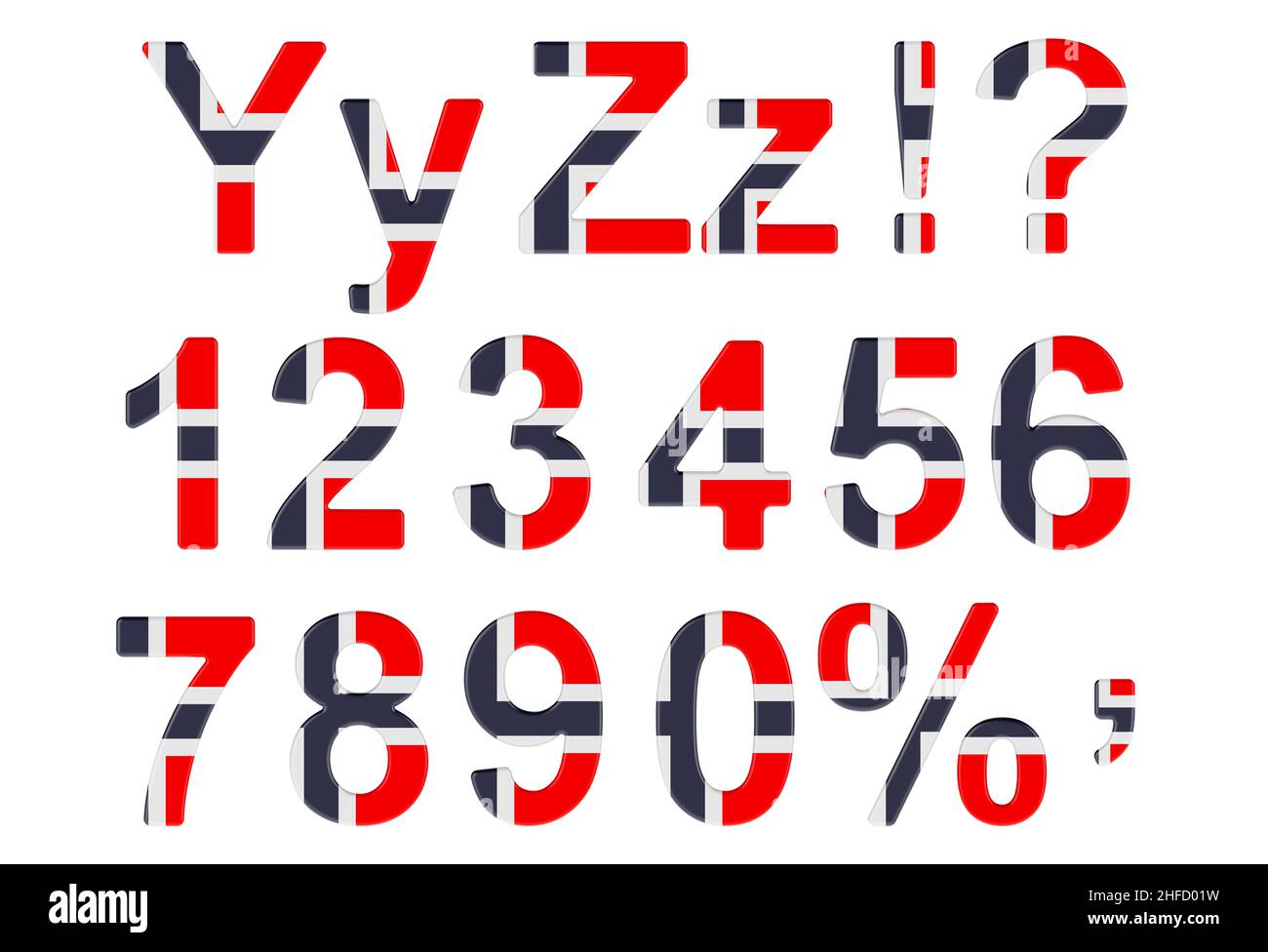 Letters, numbers and punctuation marks with Norwegian flag. Y, Z, 1, 2