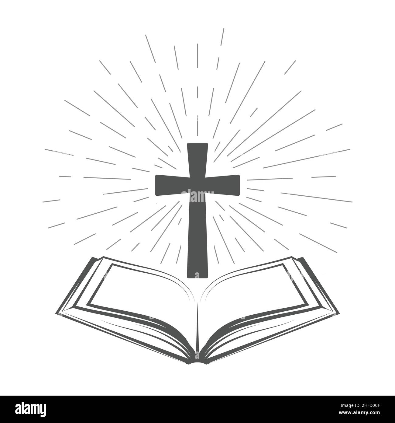 Holy Bible icon, open old testament book with shining crucifix, blessing prayer, vector Stock Vector