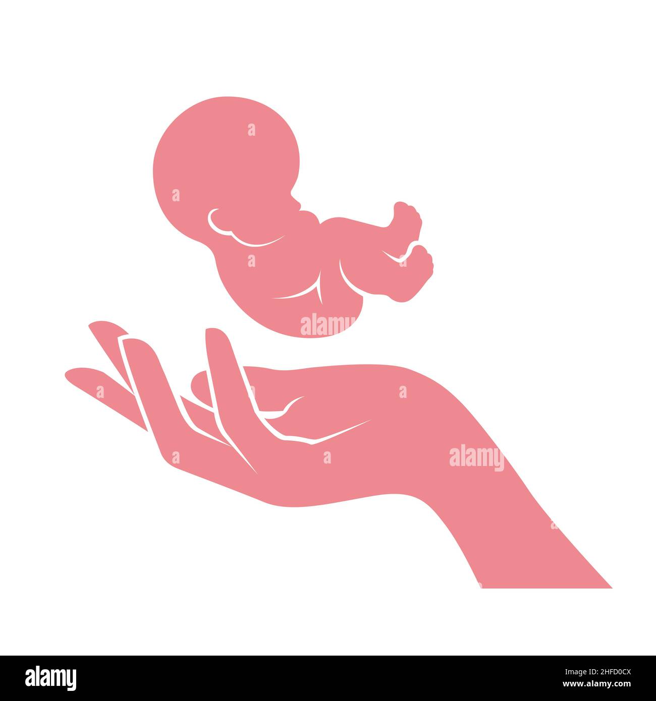 Fetus on mother palm, baby birth and childcare concept, embryo and hand of woman, vector Stock Vector