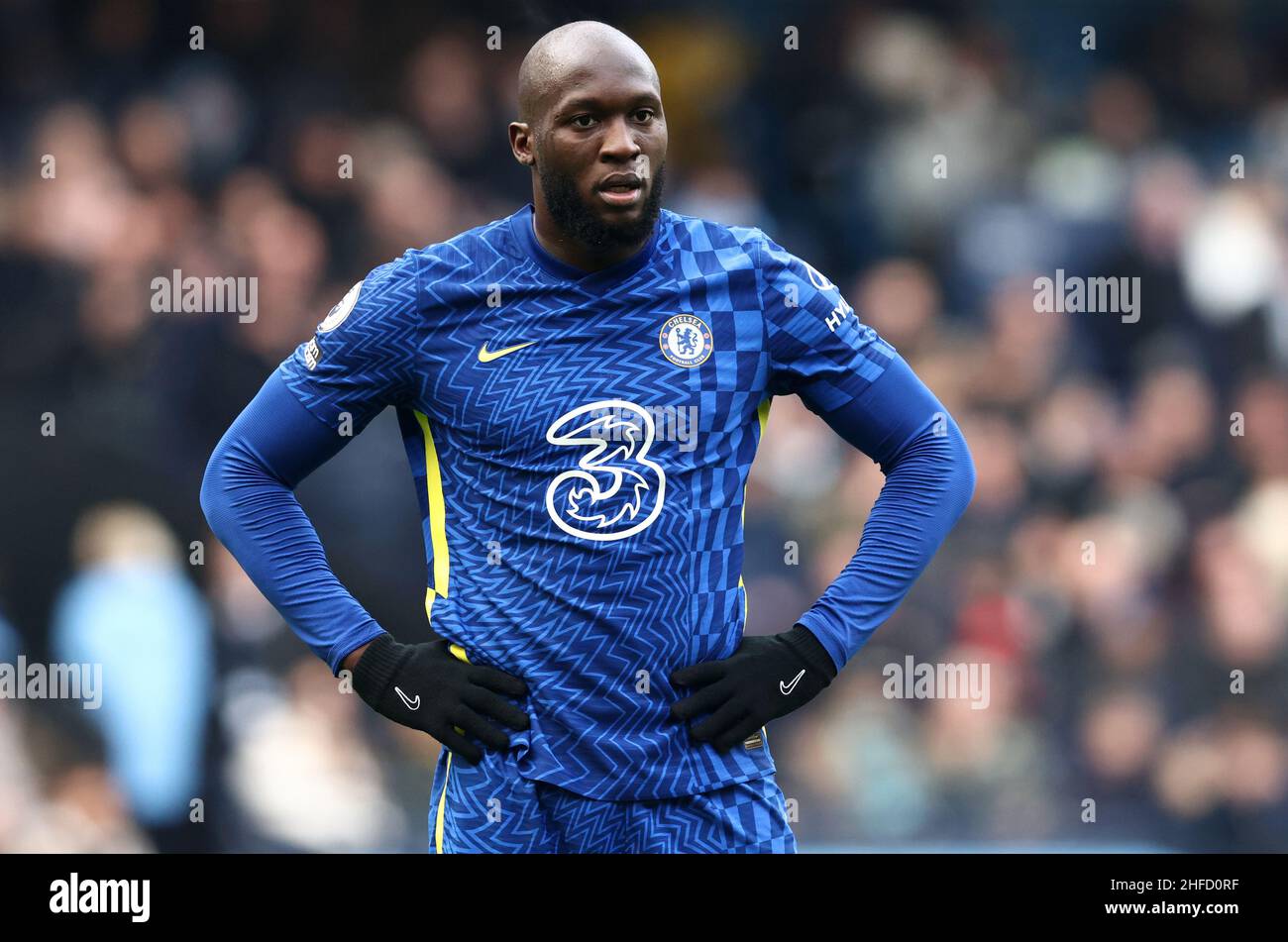 Manchester, England, 15th January 2022.  Romelu Lukaku of Chelsea during the Premier League match at the Etihad Stadium, Manchester. Picture credit should read: Darren Staples / Sportimage Stock Photo