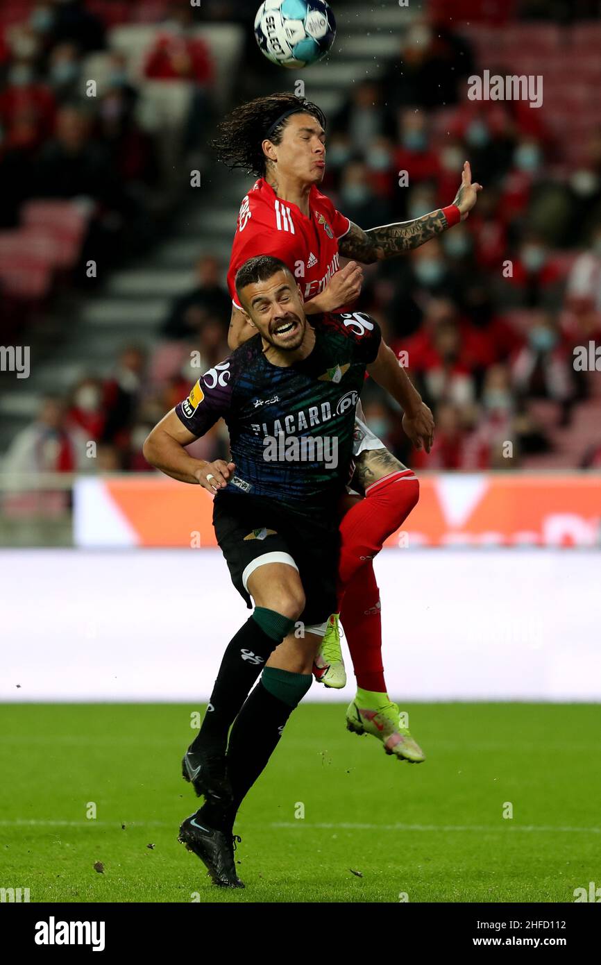 Lisbon, Portugal. 15th Jan, 2022. Darwin Nunez of SL Benfica (top) vies with Artur Jorge of Moreirense FC during the Portuguese League football match between SL Benfica and Moreirense FC at the Luz stadium in Lisbon, Portugal on January 15, 2022. (Credit Image: © Pedro Fiuza/ZUMA Press Wire) Stock Photo
