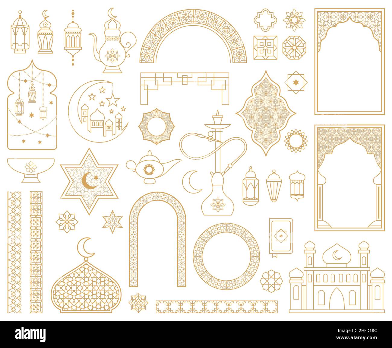 Traditional arabic muslim oriental gold decorative elements. Arabic mosque, arch, hookah, eastern lantern, patterned borders vector illustration set Stock Vector