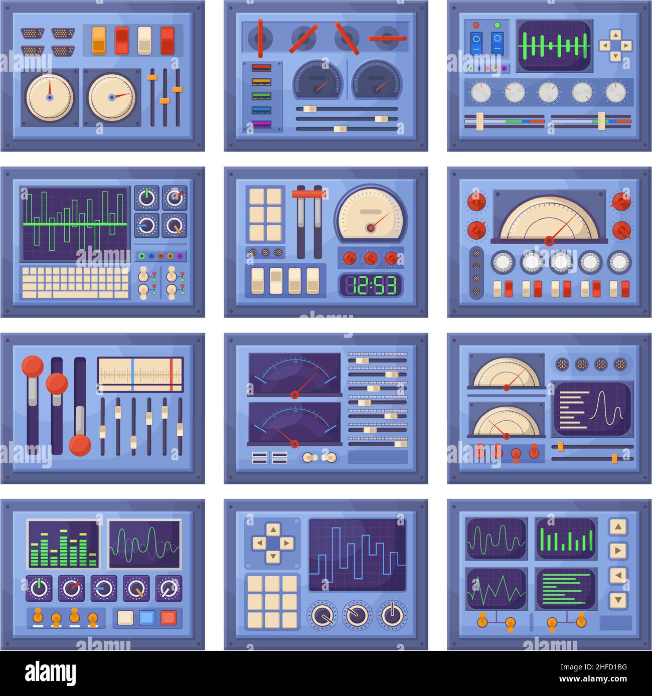 Electrical dashboard, control panels with charts, buttons and tuners. Retro dashboard control panels elements vector illustration set. Spacecraft Stock Vector