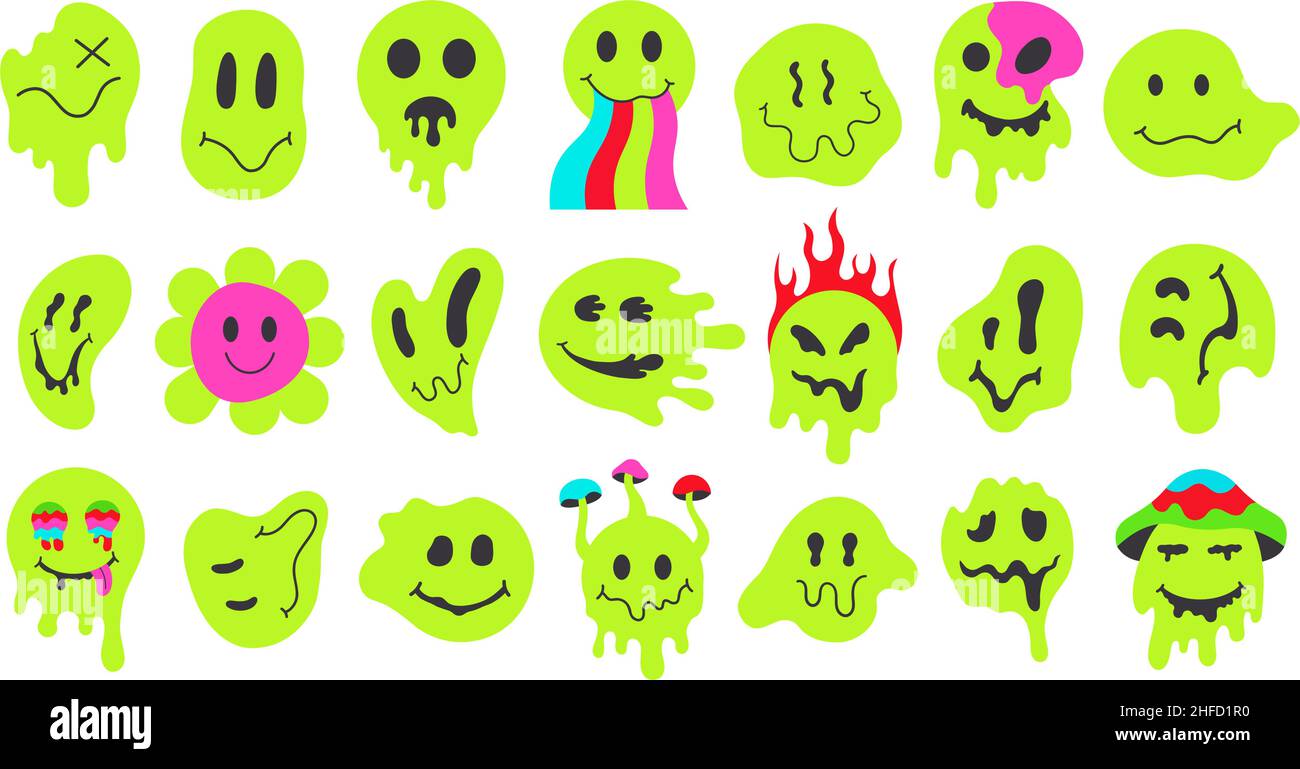 Neon melting smiling faces, retro doodle dripping smile emoji. Psychedelic groovy characters, graffiti smile emoji face vector illustration set. Funny Stock Vector