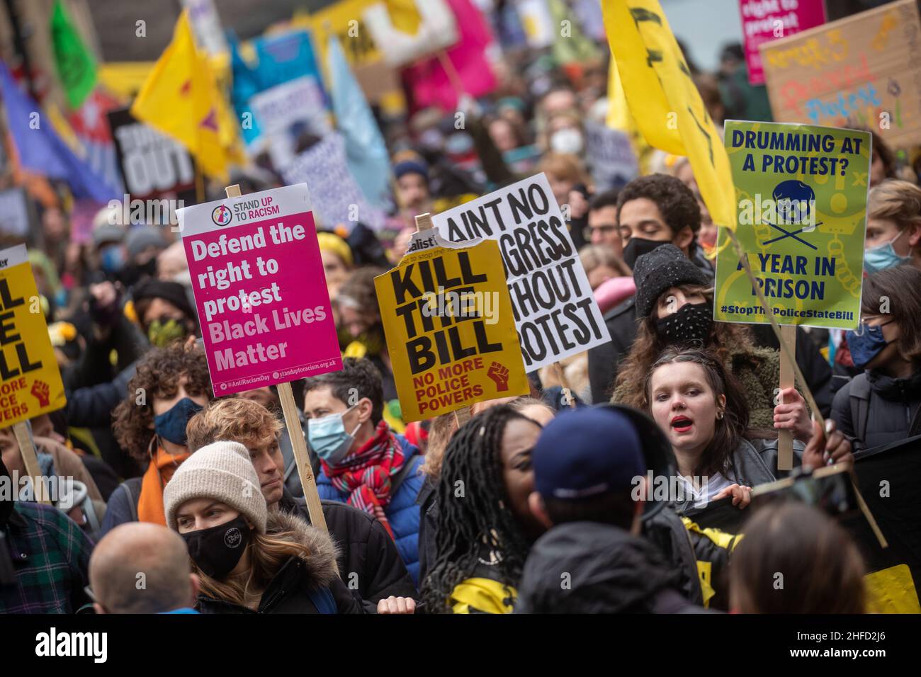LONDON, UK 15th January 2022. Kill The Bill protest in London this week as the House of Lords will hear the final reading of the police, crime, sentencing and courts bill Stock Photo