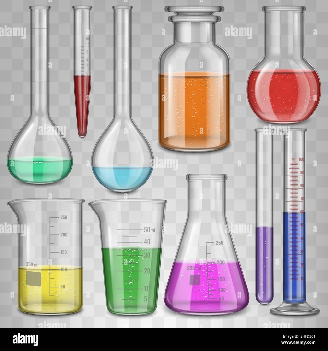 Realistic chemical lab glass beaker, filled test tubes, flask, glassware equipment. Laboratory
