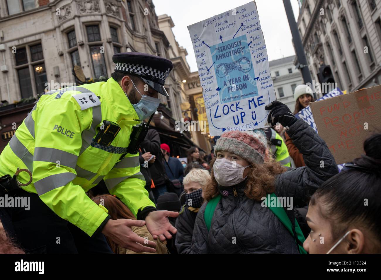 LONDON, UK 15th January 2022. Kill The Bill protest in London this week as the House of Lords will hear the final reading of the police, crime, sentencing and courts bill Stock Photo