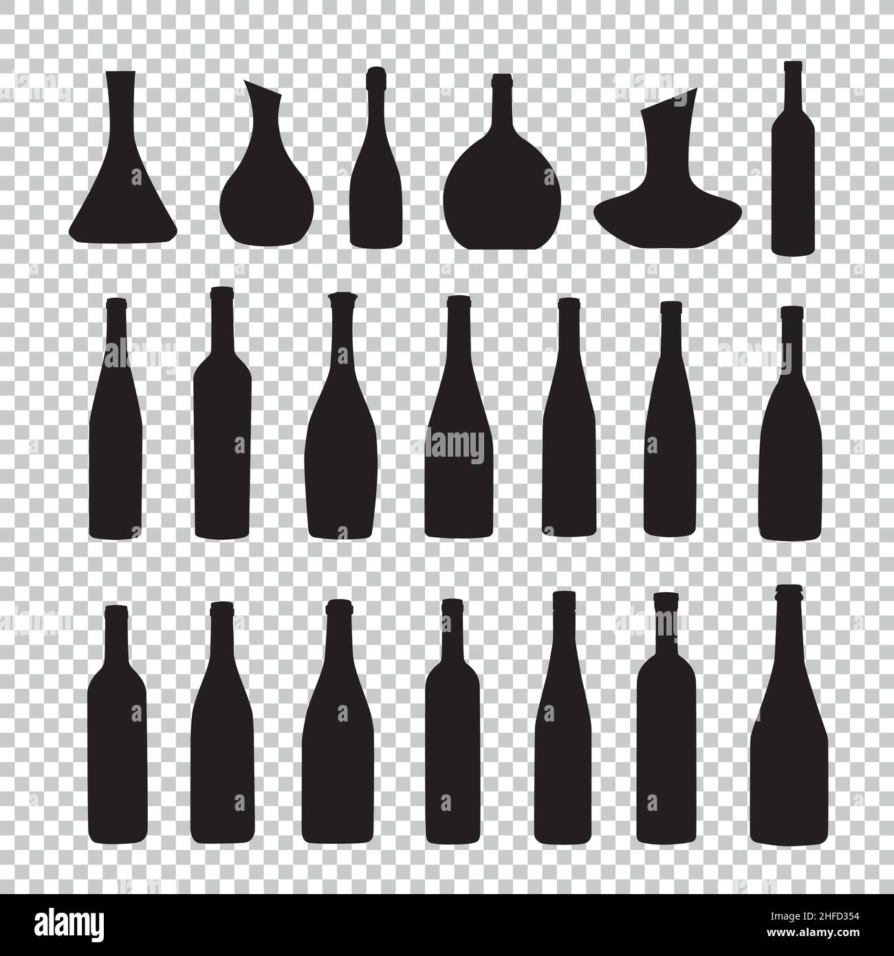 vector bottles and glasses silhouette icon set on checked transparent background. Vector illustration. Eps 10 vector file. Stock Vector